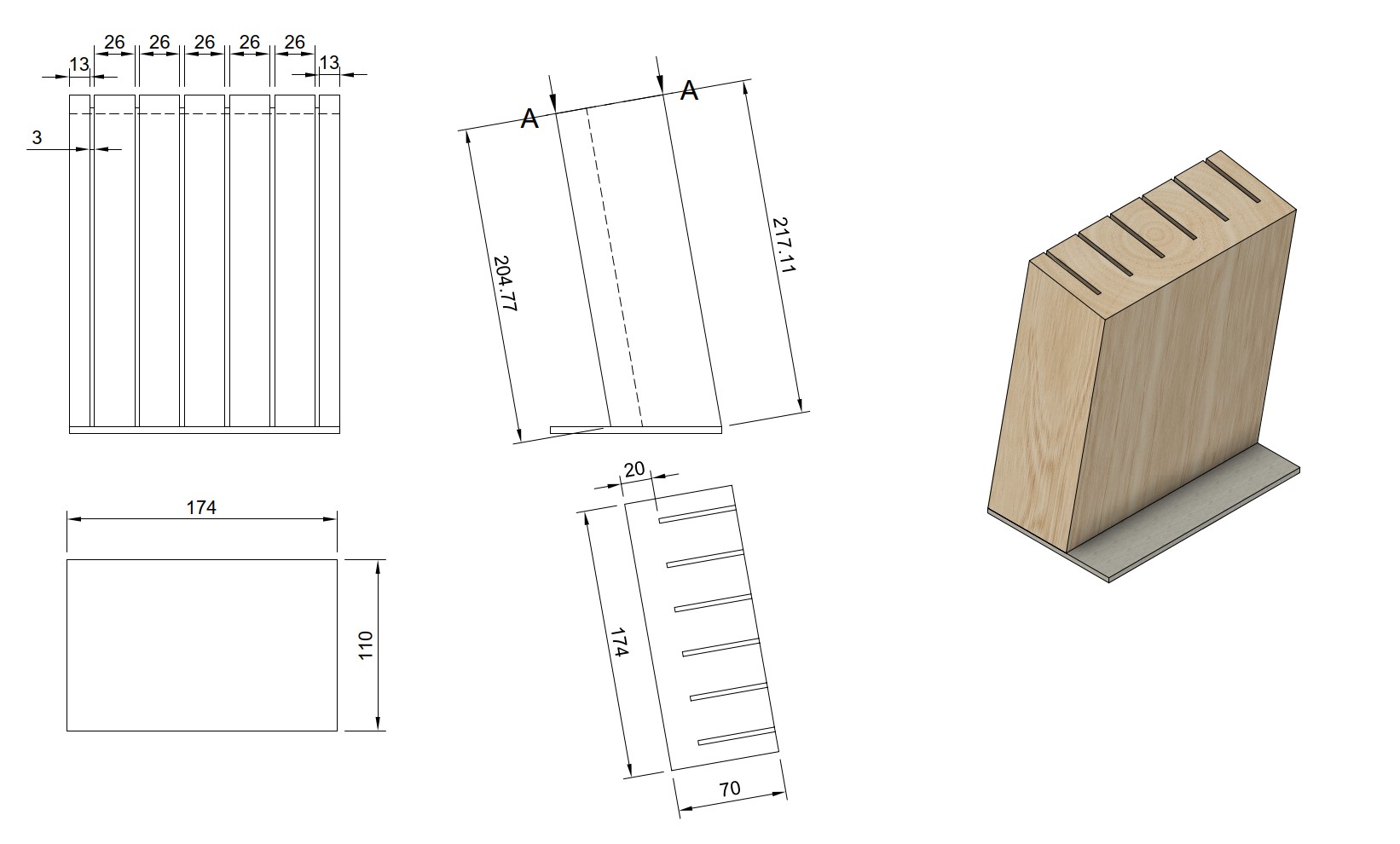 Bemaßte Zeichnung des Messerblocks.